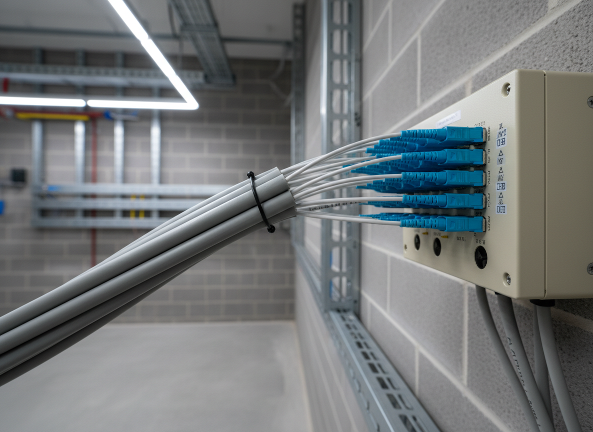 A bundle of fiber optic cables emerging from a protective conduit into a wall-mounted termination panel, each slender strand fitted with polished connectors and arranged in a smooth, sweeping curve. The background shows a tidy, newly finished plant room with painted brickwork and neatly routed trunking along the wall, typical of commercial buildings in the South East. Cool white LED lighting from above catches delicate reflections along the translucent fiber jackets, suggesting high speed and clarity. Shot from a low, close-up angle with a shallow depth of field, the main connectors are sharply in focus while the environment softly recedes, creating a high-tech, professional atmosphere.