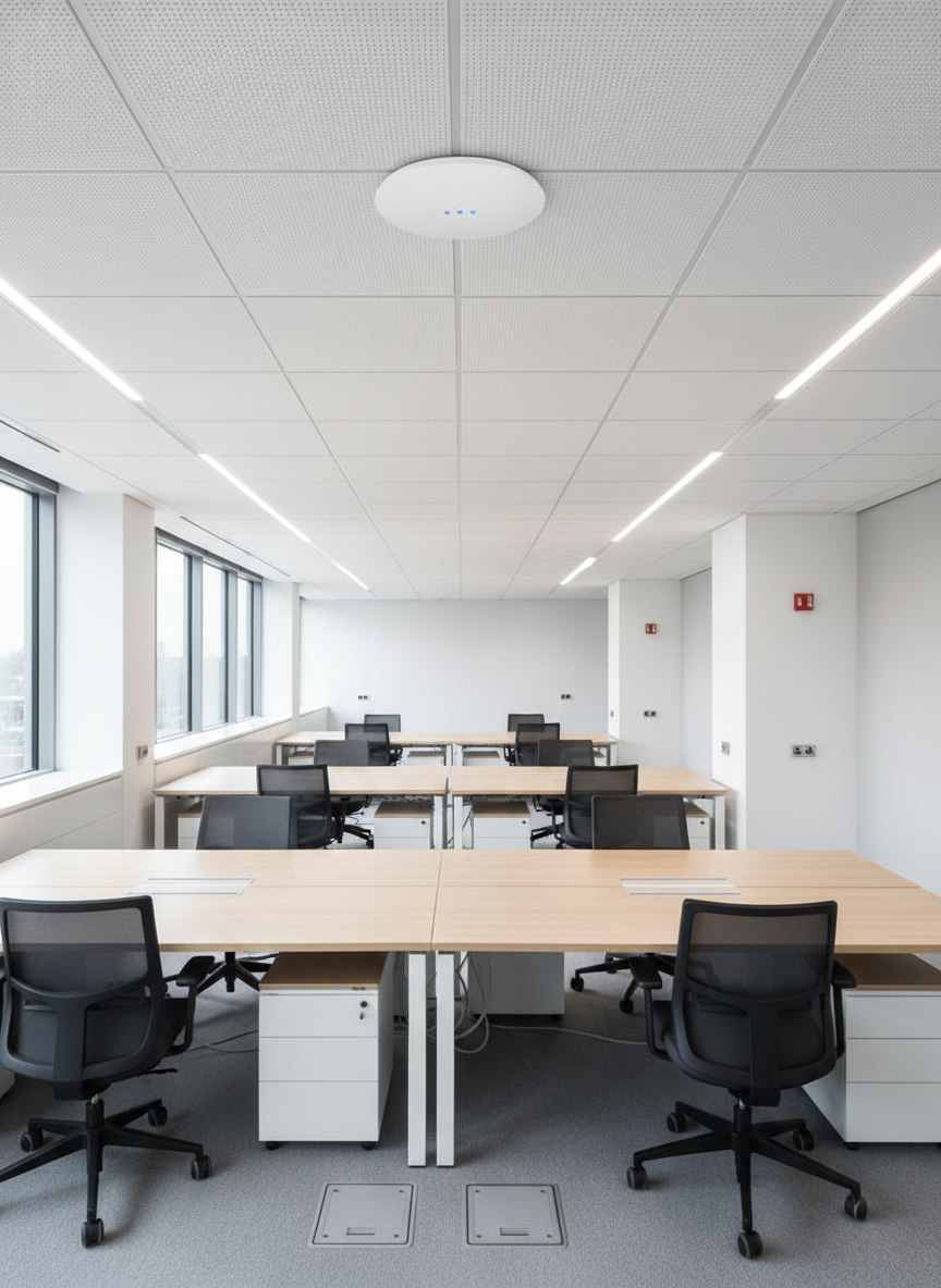 A slim, ceiling-mounted business WiFi access point with a clean white finish and subtle status LEDs, centrally positioned in a modern open-plan office with rows of uncluttered desks, cable-managed floor boxes, and wall-mounted network outlets visible in the background. Large windows along one side let in diffused daylight, balanced by understated linear LED fixtures overhead, creating a bright, neutral ambiance. Captured from a slightly elevated angle that looks along the office ceiling towards the access point, the composition uses leading lines from ceiling tiles and light tracks to draw attention to the device. The photographic realism and tidy environment communicate reliable, enterprise-grade wireless coverage designed and installed by professional network engineers.