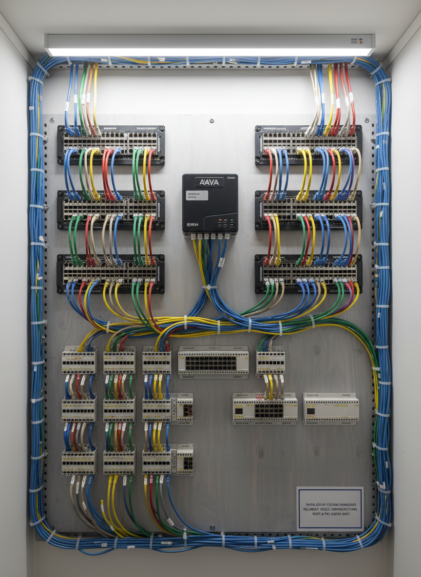 A detailed view of a wall-mounted business telephone system backboard, featuring a central PBX unit surrounded by neatly arranged patch panels, line blocks, and color-coded cables converging in an orderly fashion. The board is fixed to a smooth plywood backing, freshly painted in light grey, within a compact, well-lit utility cupboard in a commercial building. Neutral LED strip lighting along the ceiling produces clear, shadow-free illumination, highlighting every connector and label. Shot straight-on with a balanced composition and sharp focus, the image feels precise and methodical, embodying the professionalism of CSCS-approved installers providing reliable voice infrastructure for businesses across Kent and the South East.