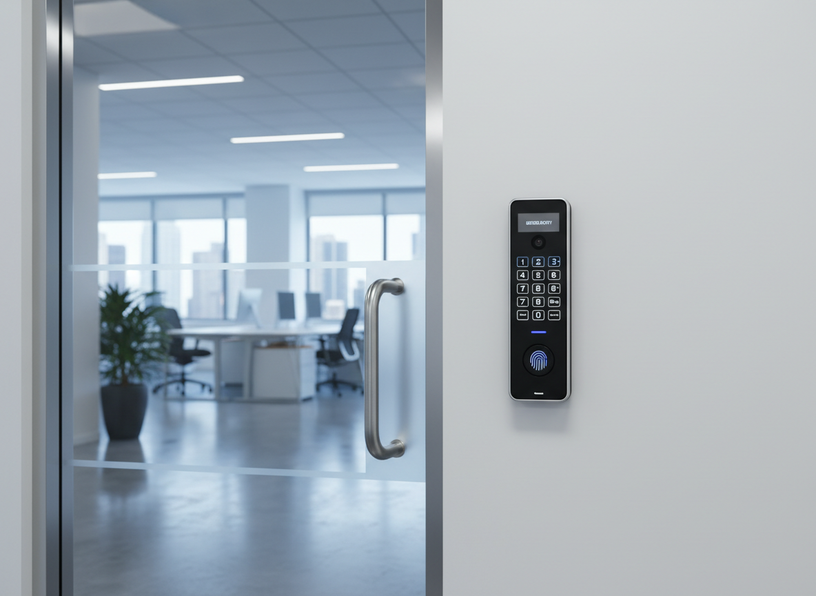 Modern access control system installed on a commercial office door