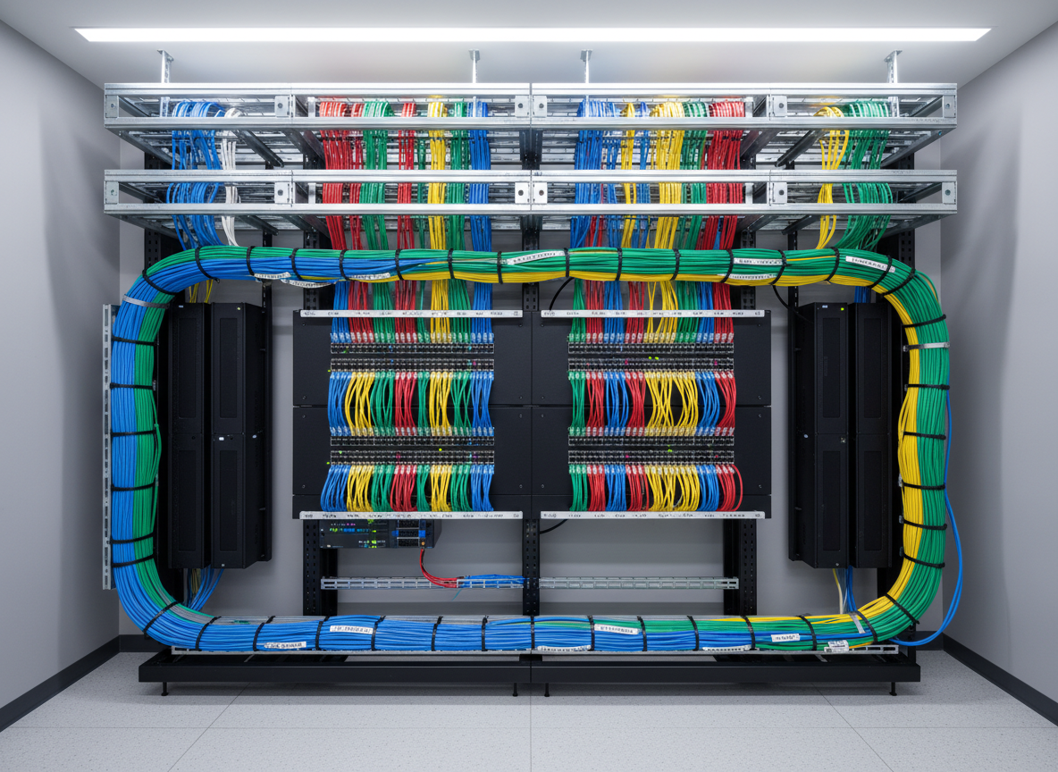 Professional structured cabling installation in a modern commercial office environment